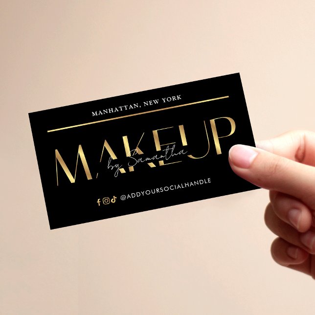 Cartão De Visita Elegant Modern Black & Gold Effect Makeup Artist (Create stylish business cards for your makeup studio using this elegant design)