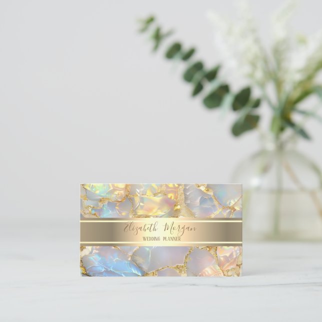 Cartão De Visita Elegant Modern Luxury Gold Stripe Opal Stone (Em pé/Frente)