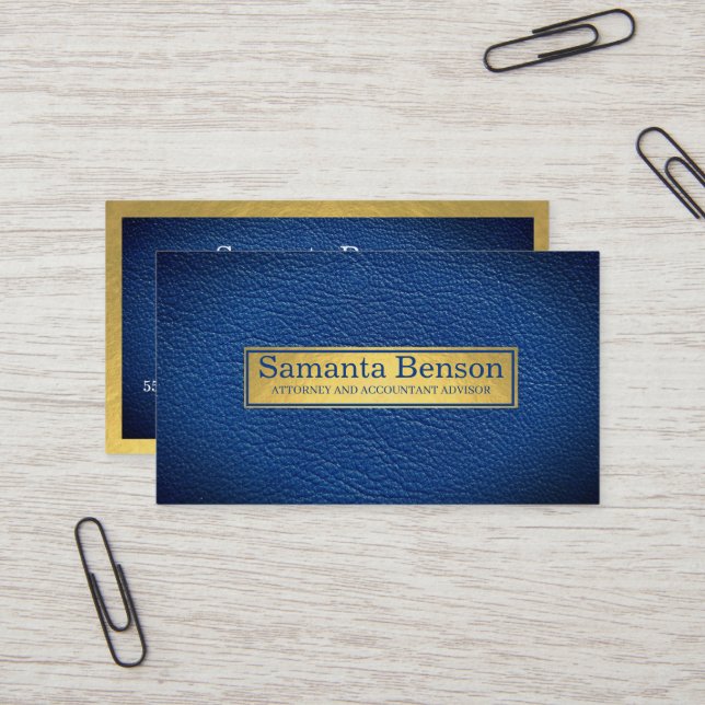 Cartão De Visita Elegant Navy Blue Leather Gold Label Professional  (Frente/Verso In Situ)