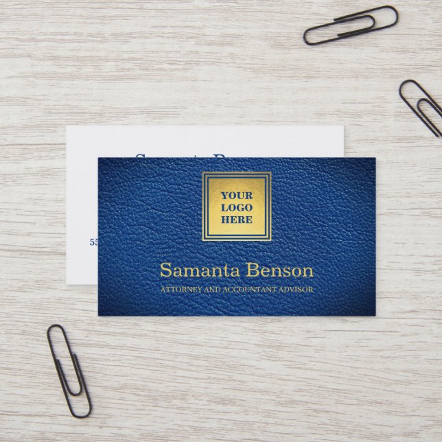 Cartão De Visita Elegant Navy Blue Leather Professional Your Logo (Frente/Verso In Situ)