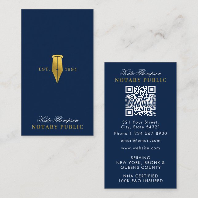 Cartão De Visita Elegant Notary Signing Agent QR Code Blue Gold (Frente/Verso)