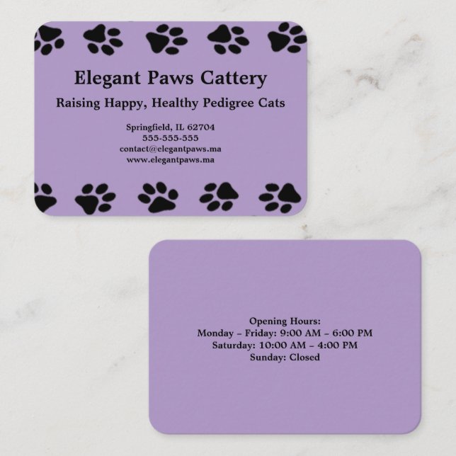 Cartão De Visita Elegant Paws Cattery Business Card with Paw Print  (Frente/Verso)