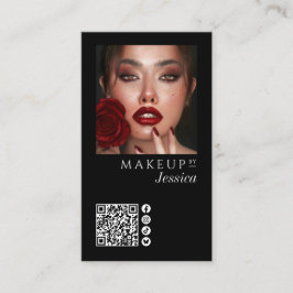 Cartão De Visita Elegant Photo Black QR Code Social Icons Makeup