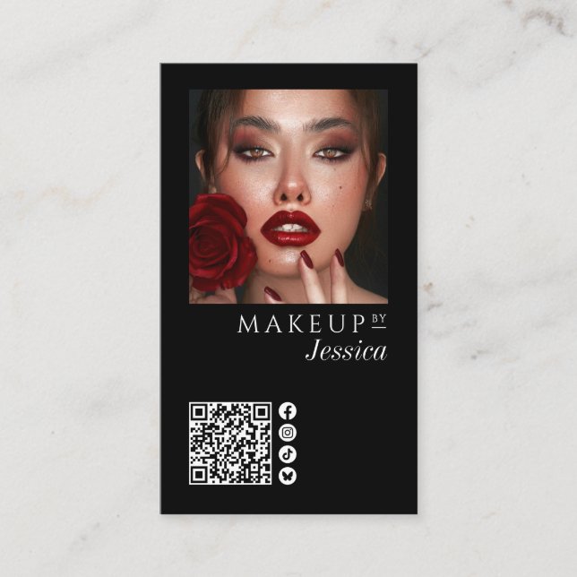 Cartão De Visita Elegant Photo Black QR Code Social Icons Makeup Bu (Frente)