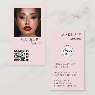Cartão De Visita Elegant Photo Blush Pink QR Code Social Makeup