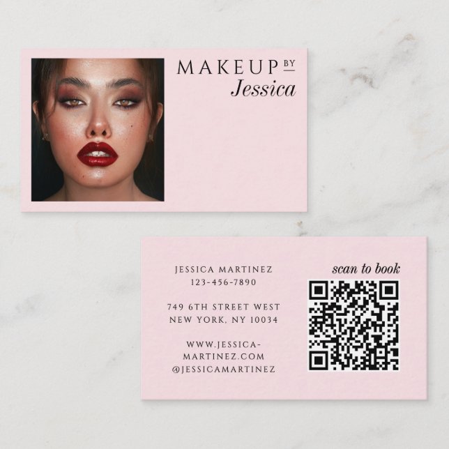Cartão De Visita Elegant Photo Typography Blush Pink QR Code Makeup (Frente/Verso)