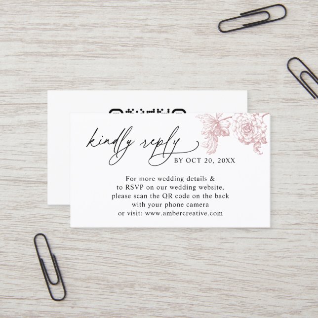 Cartão De Visita Elegant Pink Floral QR code Wedding RSVP Small  (Frente/Verso In Situ)