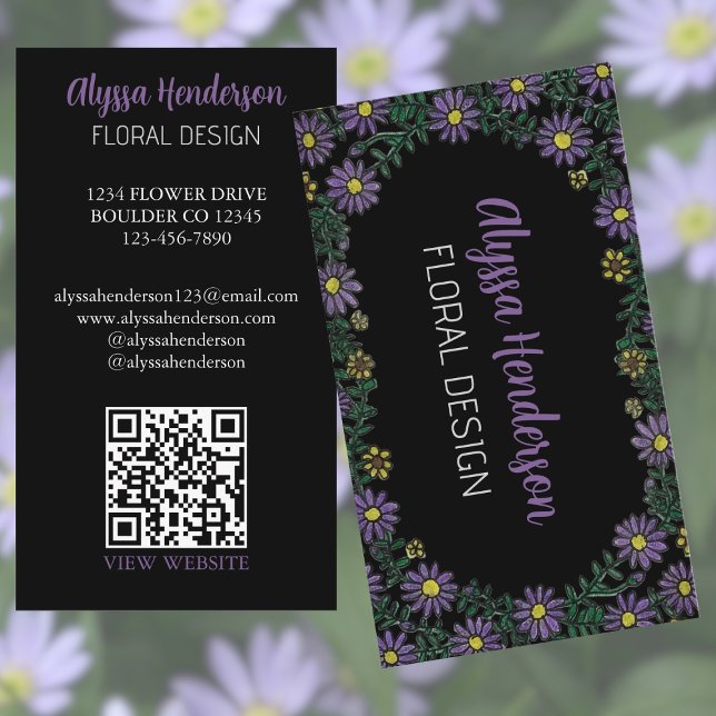 Cartão De Visita Elegant Purple & Yellow Floral QR Code Florist (Criador carregado)