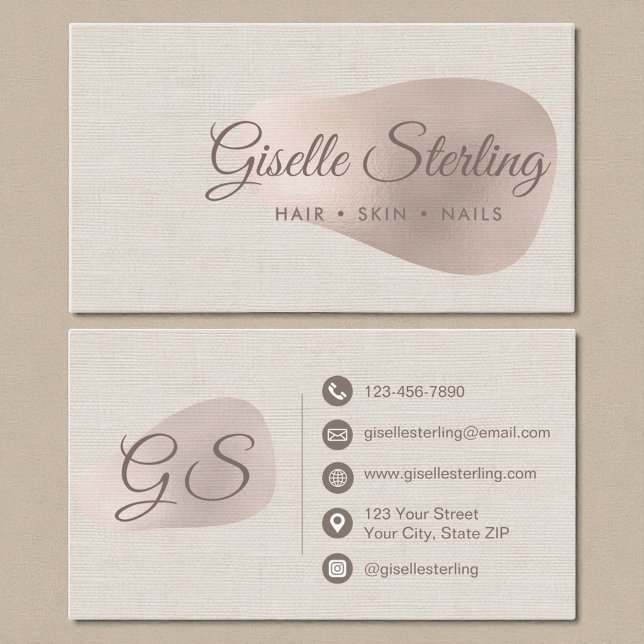 Cartão De Visita Elegant Rose Gold Foil Abstract Linen Blush  (Criador carregado)