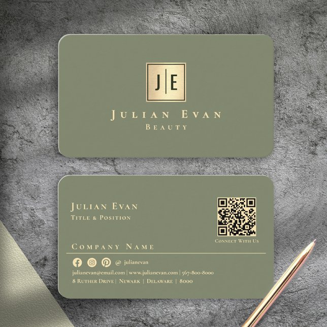 Cartão De Visita Elegant Sage Green Gold Professional Monogram (Elegant Sage Green Gold Professional Monogram Business Card)
