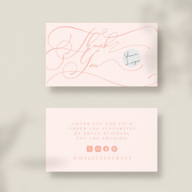 Cartão De Visita Elegant Script Logo Thank You Small Branding Peach (Criador carregado)