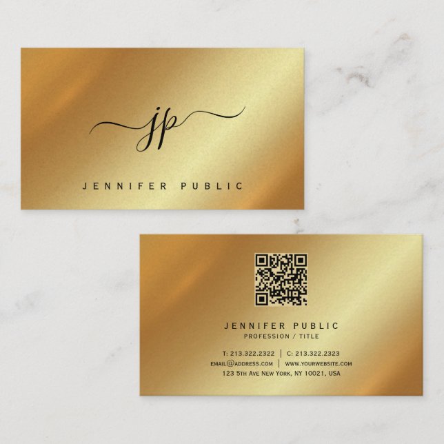 Cartão De Visita Elegant Script Monogram Gold Premium Pearl Paper (Frente/Verso)