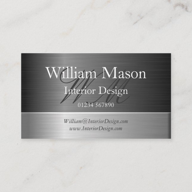 Cartão De Visita Elegant Steel Effect Monogram Business Card (Frente)
