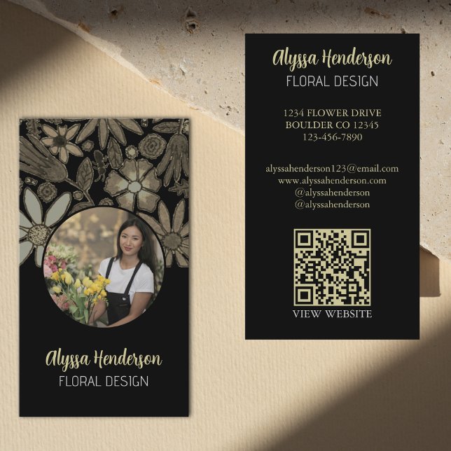 Cartão De Visita Elegant Tan & Black Floral Photo QR Code Logo (Criador carregado)