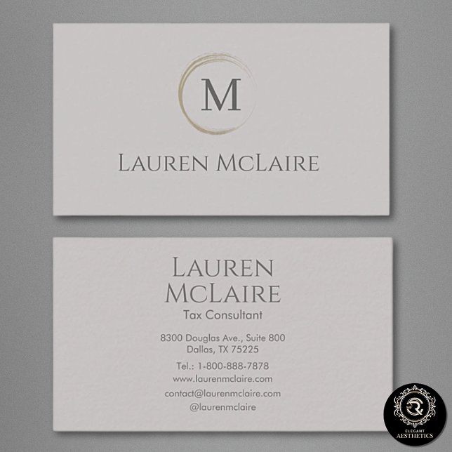 Cartão De Visita Elegant Taupe Gray Circle Monogram Business Card (Criador carregado)