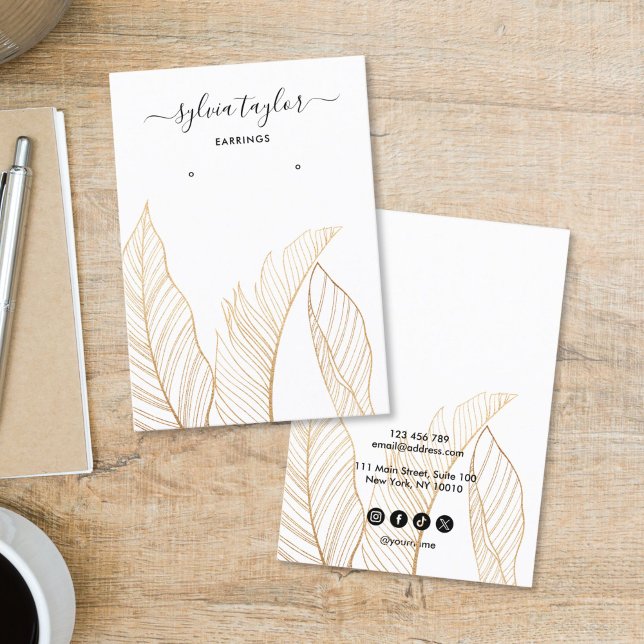 Cartão De Visita Elegant Tropical Earring Frame Display Add Logo (hand made earring display card with gold tropical leaves)