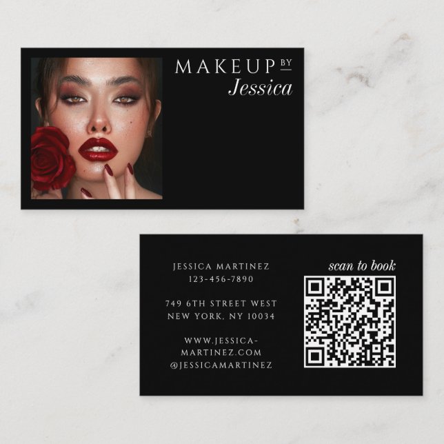Cartão De Visita Elegant Typography Black QR Code Photo Makeup (Frente/Verso)