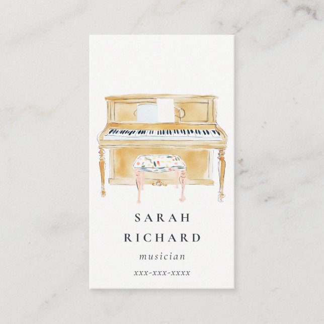 Cartão De Visita Elegant Watercolor Piano Musician Music Teacher (Frente)