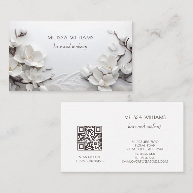 Cartão De Visita Elegant White 3D Magnolia (Frente/Verso)