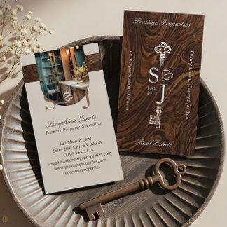 Cartão De Visita Elegant Woodgrain Key Monogram Stylish Arch Photo