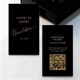 Cartão De Visita ElegantBlack Gold Script Chocolatier Qr Code