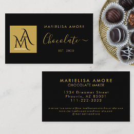 Cartão De Visita ElegantBlack Gold Script Logo Chocolate Branding