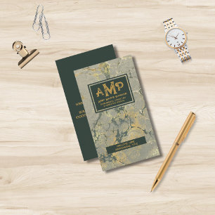 Cartão De Visita Elegante 3 Letras Monograma Verde Dourado Texturiz