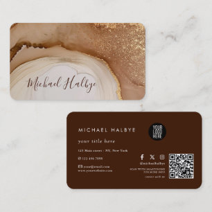 Cartão De Visita Elegante Ágata Aquarela Marrom Dourado Profissiona