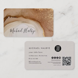 Cartão De Visita Elegante Ágata Aquarela Marrom Dourado Profissiona
