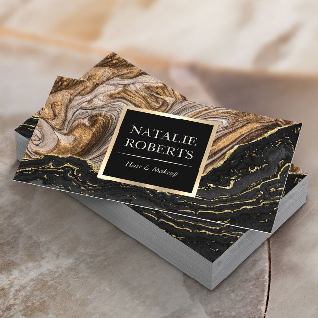 Cartão De Visita Elegante Agate Black & Dourado Marble Beauty Salon (Criador carregado)