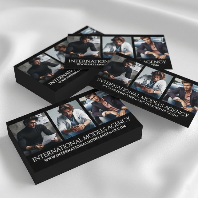 Cartão De Visita Elegante Agência de Modelos com 3 Imagens Fotos Tr (3-Photo Triptypch Business Card Cover Photo (Stacked, Obverse))