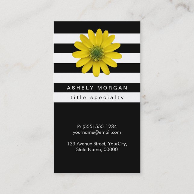 Cartão De Visita Elegante Amarelo Gerbera Daisy - Black White Strip (Frente)