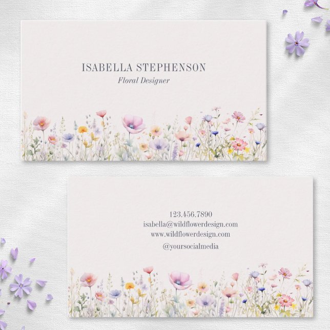 Cartão De Visita Elegante Aquarela Design Floral de Flor Selvagem (Criador carregado)