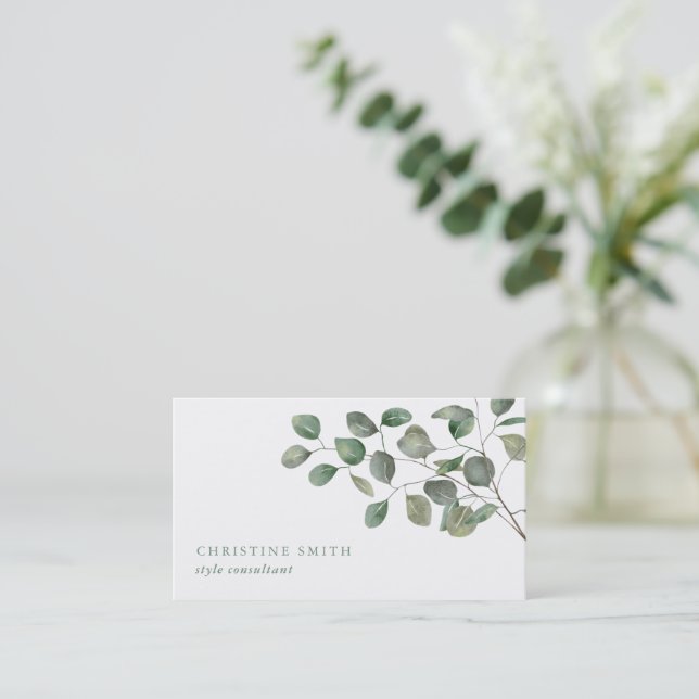 Cartão De Visita Elegante Aquarela Eucalyptus Simples Greenerescênc (Em pé/Frente)