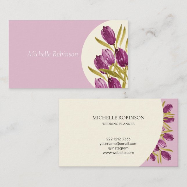 Cartão De Visita Elegante Aquarela Flores de Tulipas Profissionais (Frente/Verso)