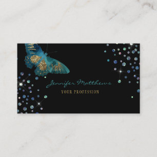 Cartão De Visita Elegante Aquarela Teal & Dourada Borboleta Glitter