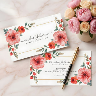 Cartão De Visita Elegante Artista de Maquiagem Floral Aquarela Dour