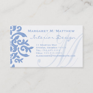 Cartão De Visita Elegante Azul e Branco Damasco - Letra M