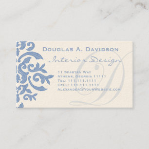 Cartão De Visita Elegante Azul e Creme Damask - Letra D