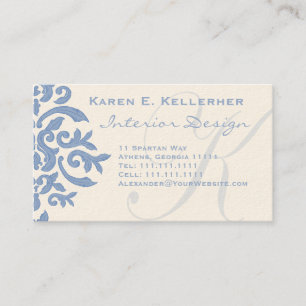 Cartão De Visita Elegante Azul e Creme Damask - Letra E