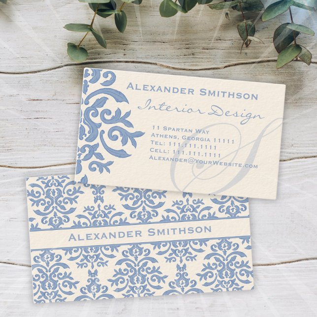 Cartão De Visita Elegante Azul e Creme Damask - Letra S (Criador carregado)