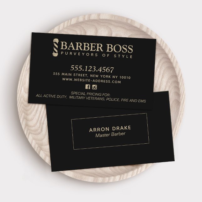 Cartão De Visita Elegante Barber Barbershop Negro e Dourado (Criador carregado)