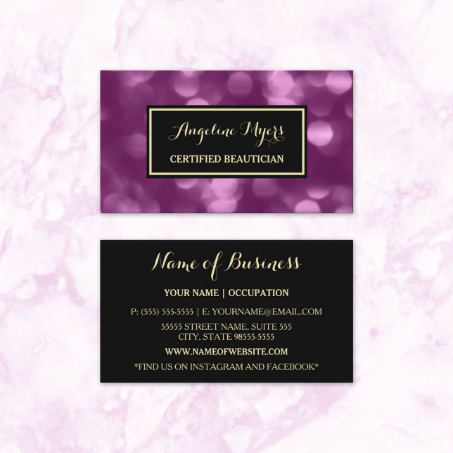 Cartão De Visita Elegante Beauticista Glamorous Purple Bokeh (Elegant Beautician Glamorous Purple Luxe Bokeh Business Cards)