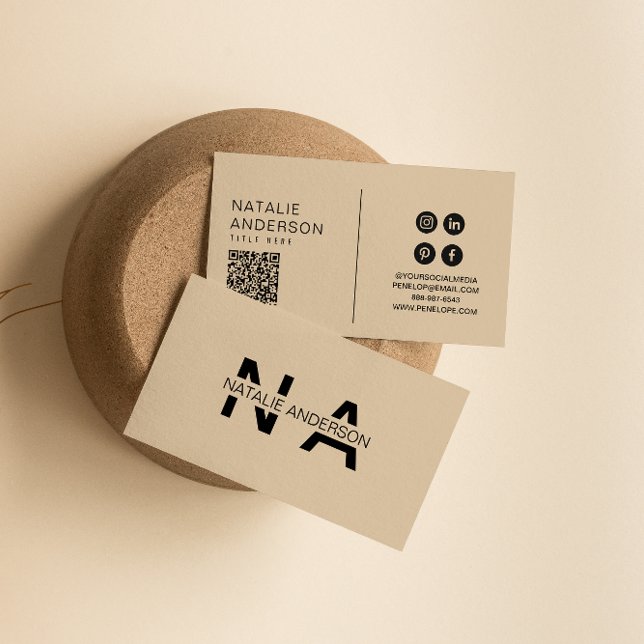 Cartão De Visita Elegante bege neutro Código QR Monograma Logotipo  (Criador carregado)