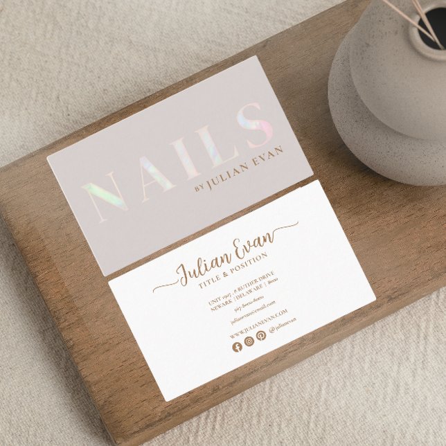 Cartão De Visita Elegante Beige Holographic Nail Opal (Criador carregado)