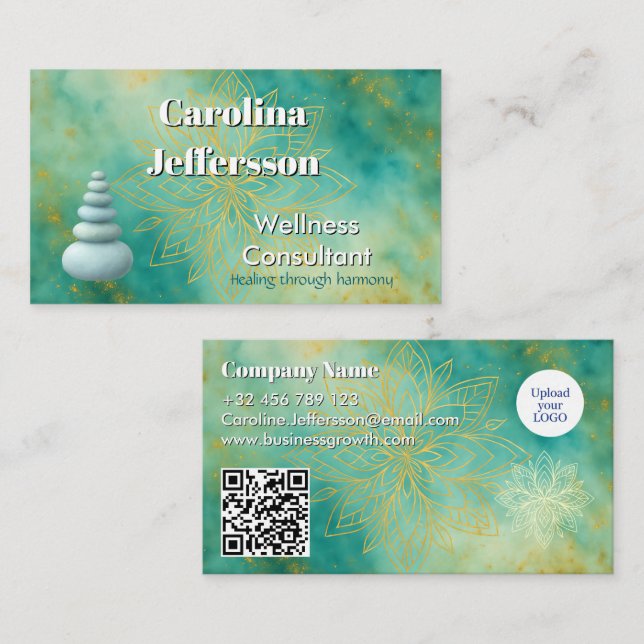 Cartão De Visita Elegante Bem-Estar Zen Stones Lotus Teal (Frente/Verso)