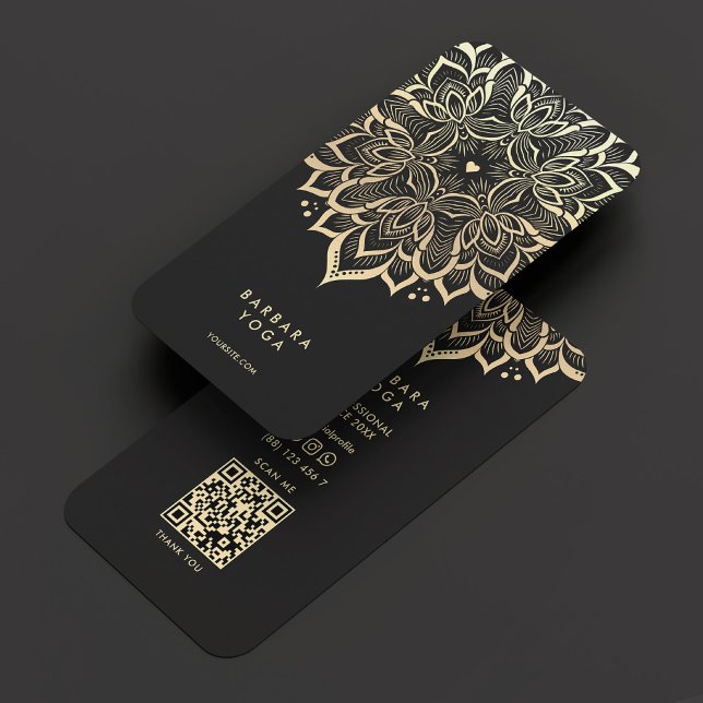 Cartão De Visita Elegante Black Dourado Mandala Moderno Instrutor Y (Elegant Black Gold Mandala Modern Yoga Instructor Business Card
)