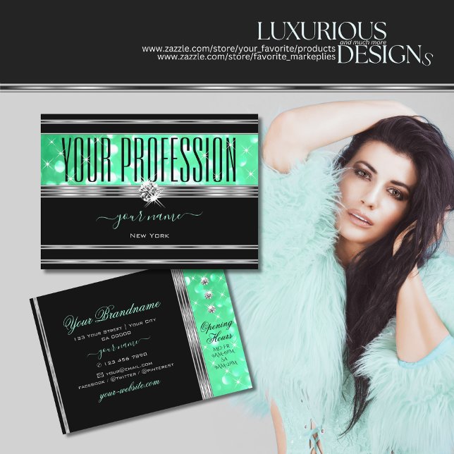 Cartão De Visita Elegante Black Mint Green Glitter Diamantes Silver (Criador carregado)