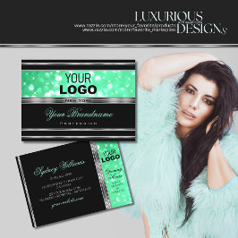 Cartão De Visita Elegante Black Mint Green Glitter Stars Logotipo P