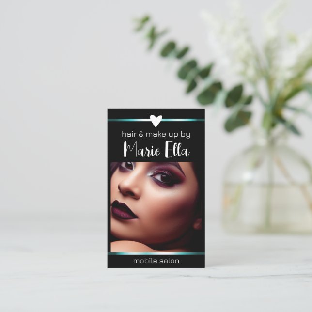 Cartão De Visita Elegante Black Teal Lines Photo QR Code Modelo (Em pé/Frente)